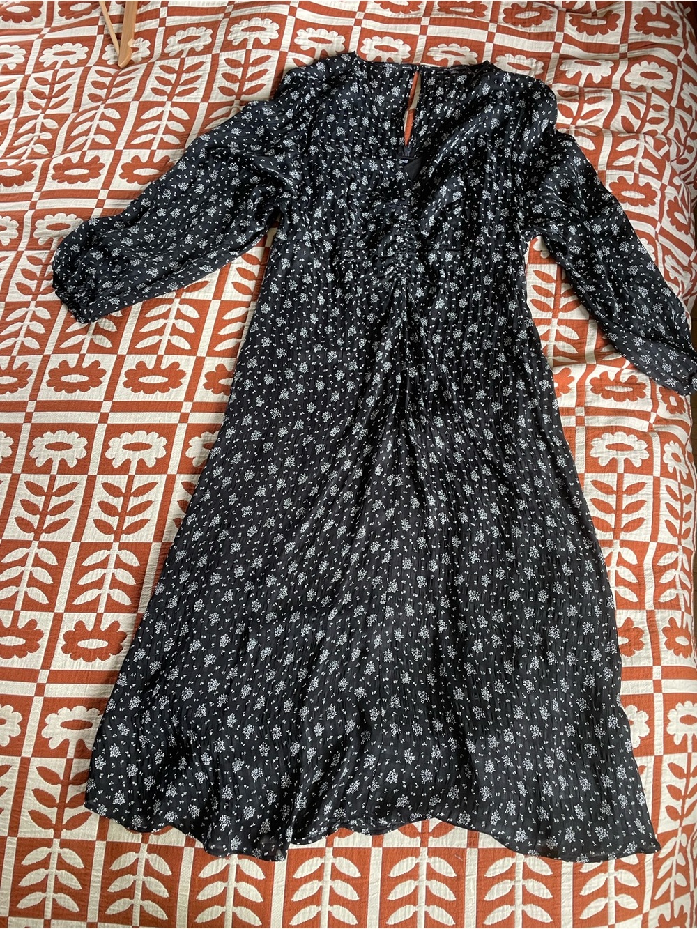 Madewell Black Floral Midi Dress with Long Puff Sleeves - Size 12